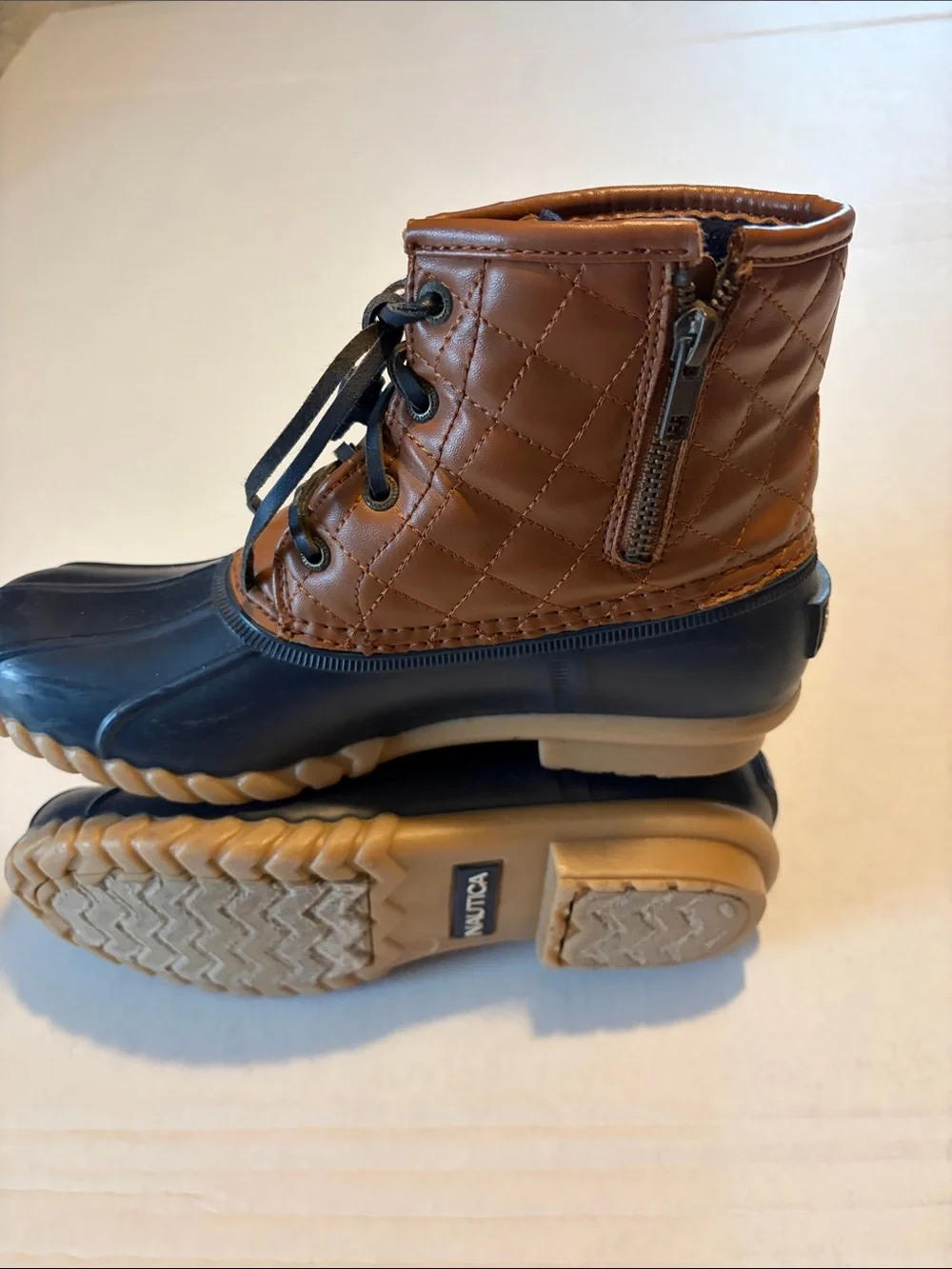 Nautica Brown Leather and Navy Rubber Duck Boots , size 7